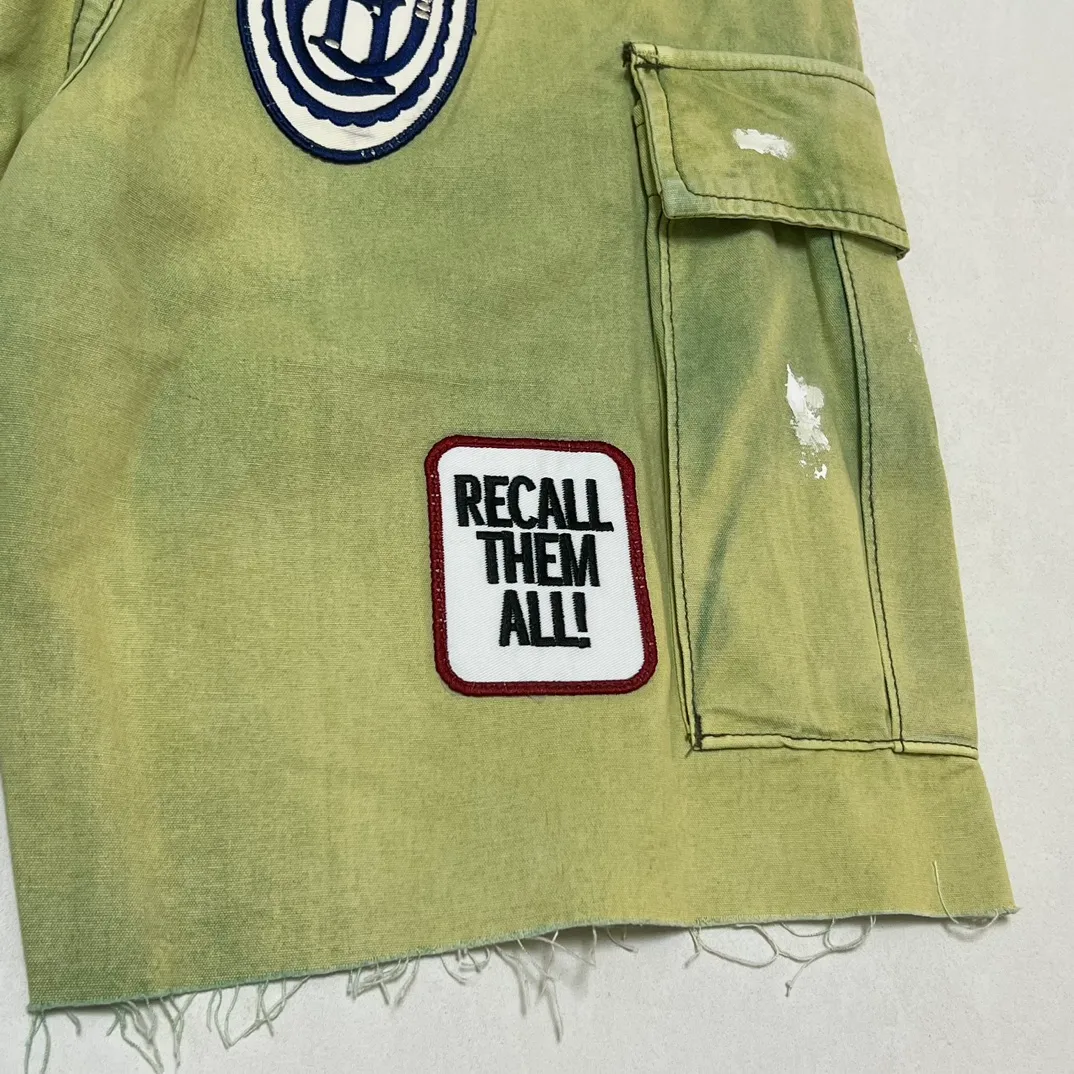 Super heavy duty! 10 embroidered stamps on full pants, one G leather stamp, GALLERY DEPT. KENZIE FATIGUE CARGO SHORTS, patch embroidered shorts, distressed splash-ink overalls, olive green size 30/32/34/36